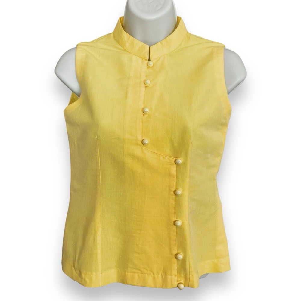 Vintage‎ Mandarin Top Sleeveless Blouse Yellow Round Buttons Summer Chinese